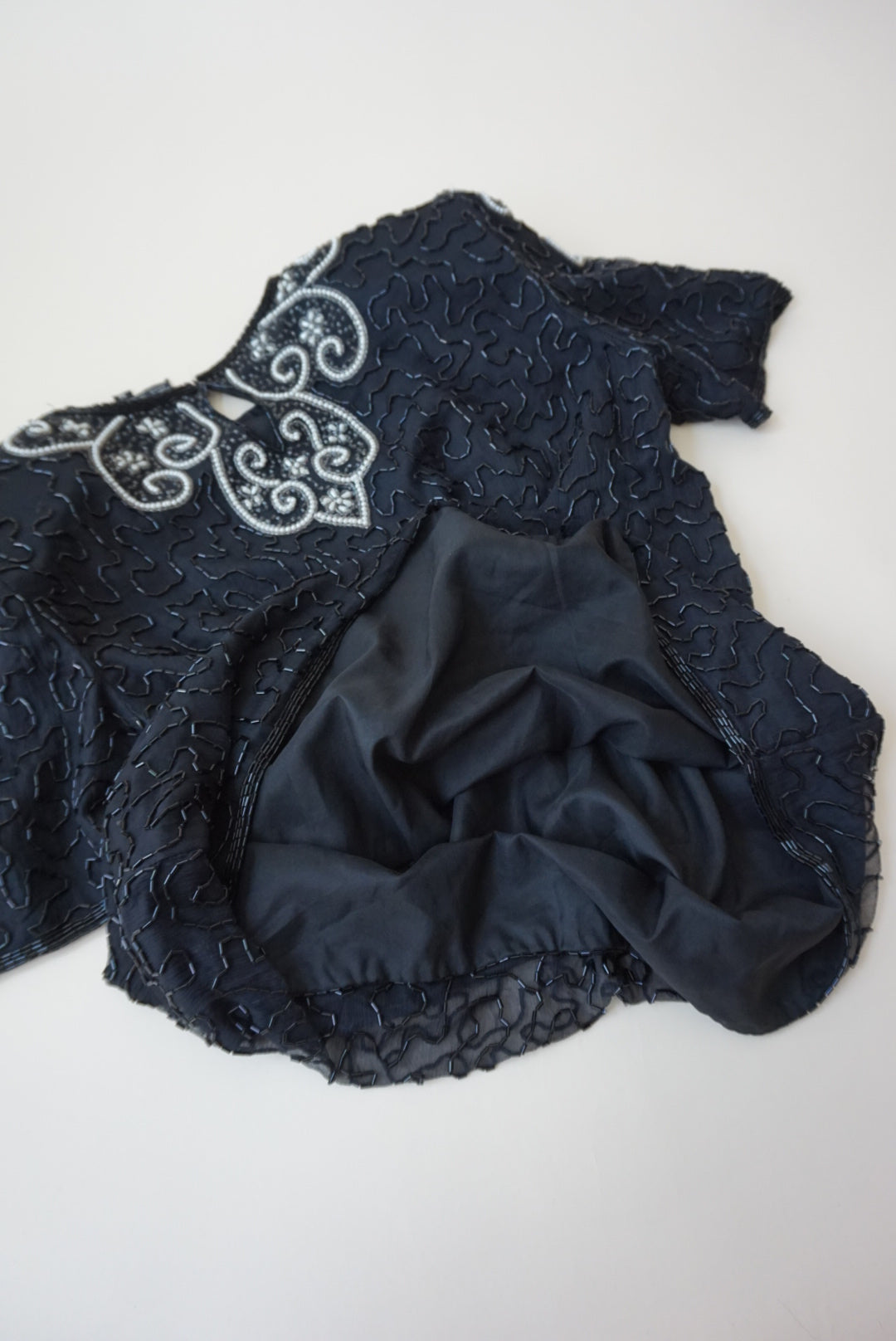Vintage Royal Feelings Beaded Black / White Silk Blouse - Size Medium