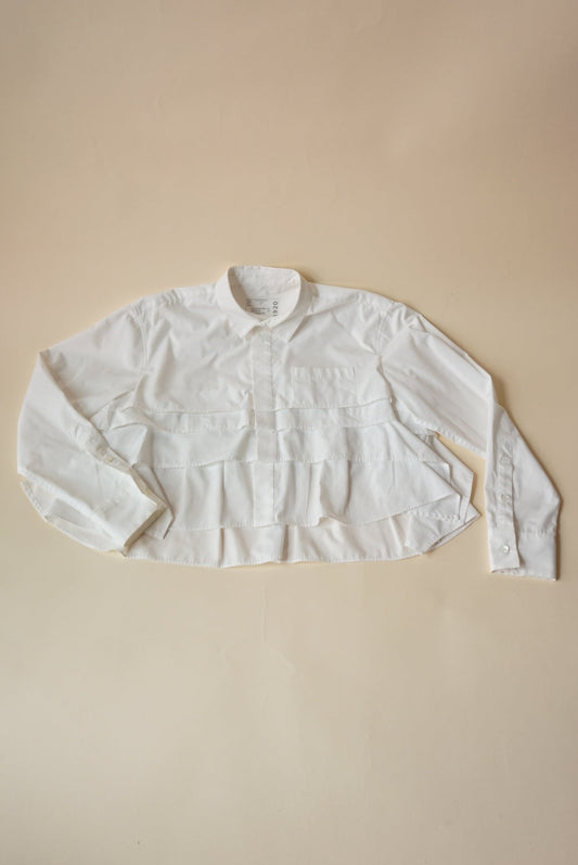 Sacai Tiered Ruffle White Button Up Cropped Poplin Blouse - Size 2 / Medium / 8