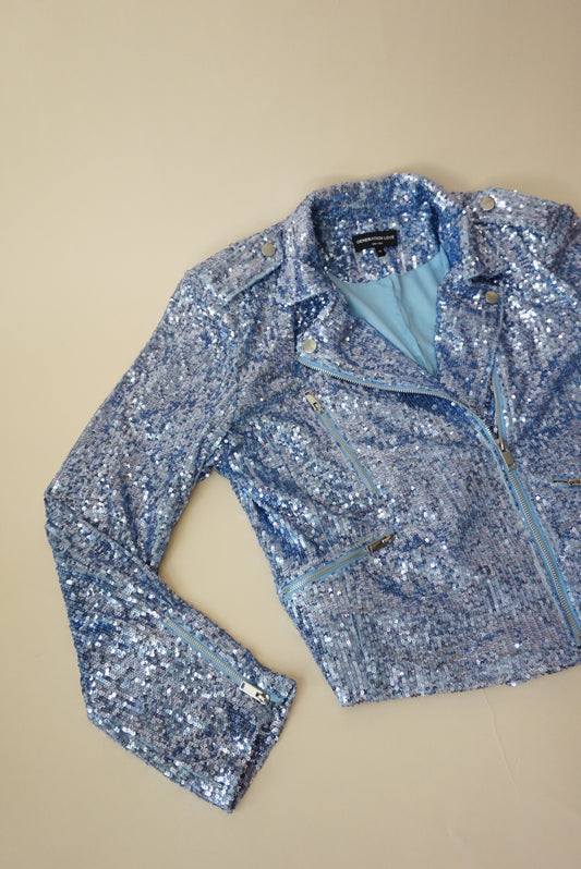 Generation Love Robin Blue Sequin Biker Jacket - Size Medium