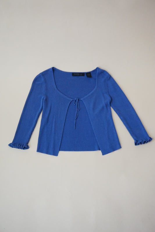 Vintage Express World Brand Blue Ribbed Knit Front Tie Cardigan - Size XS