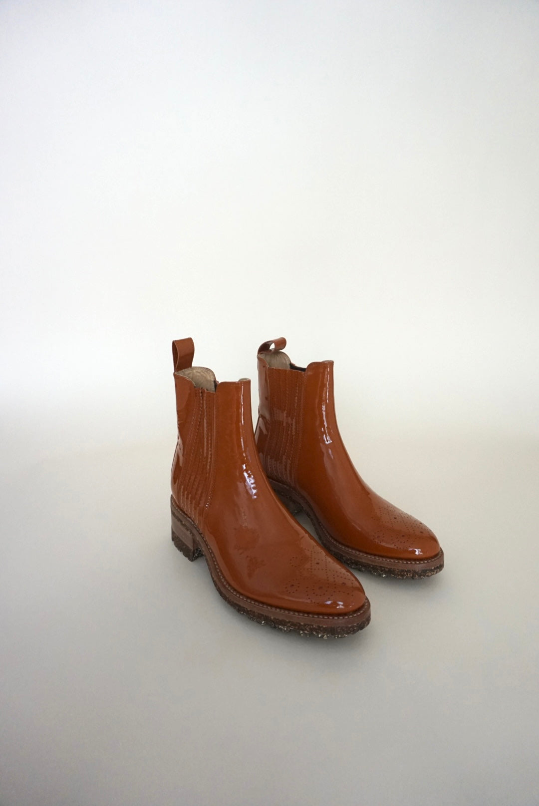 "The Office of Angela Scott" Patent leather Lasercut Accent Chelsea Burnt Orange Boots - Size 39.5
