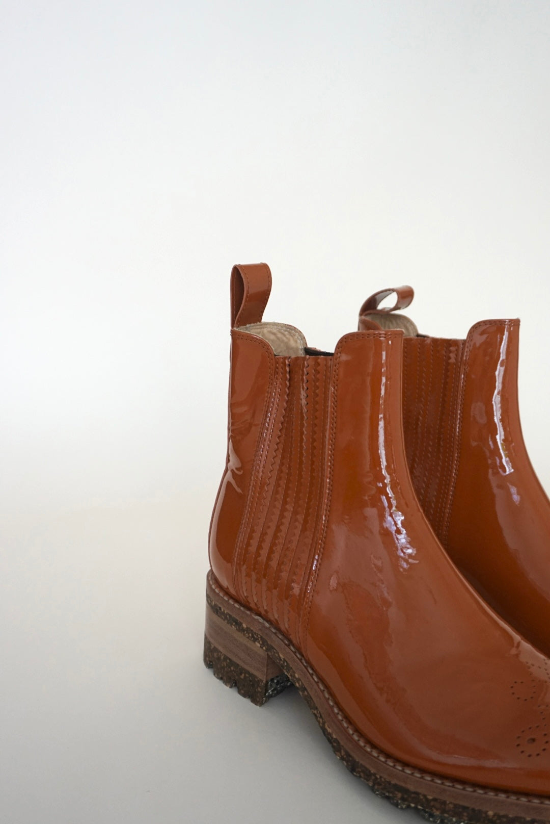 "The Office of Angela Scott" Patent leather Lasercut Accent Chelsea Burnt Orange Boots - Size 39.5