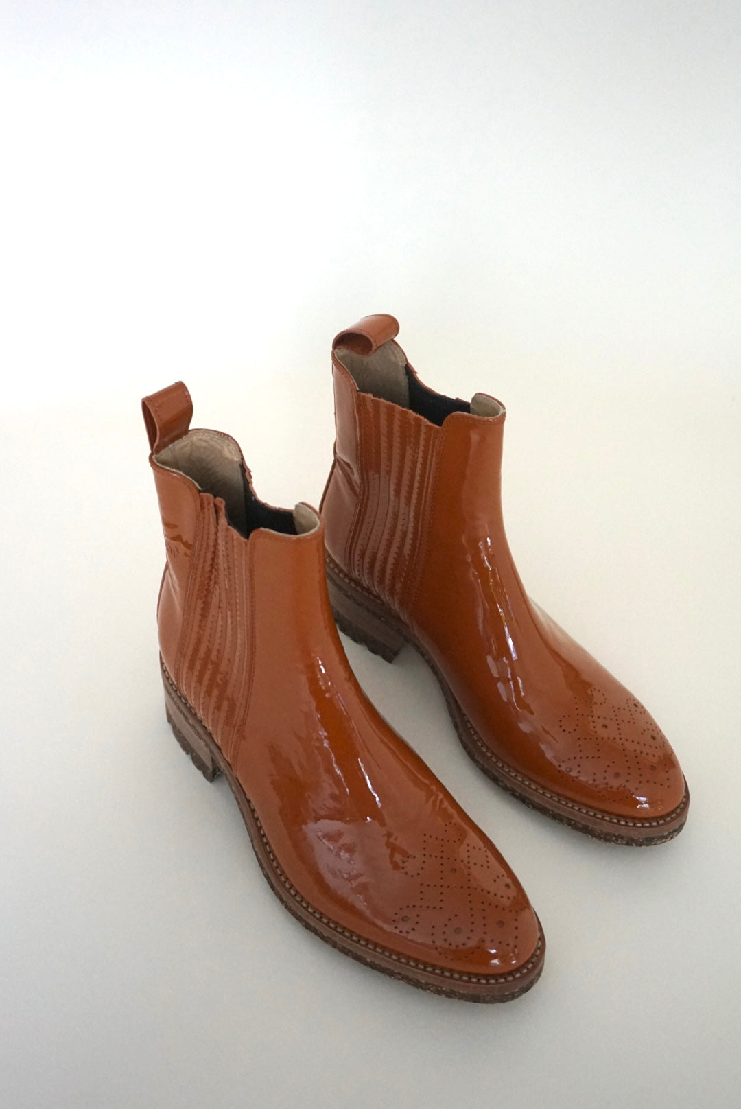 "The Office of Angela Scott" Patent leather Lasercut Accent Chelsea Burnt Orange Boots - Size 39.5