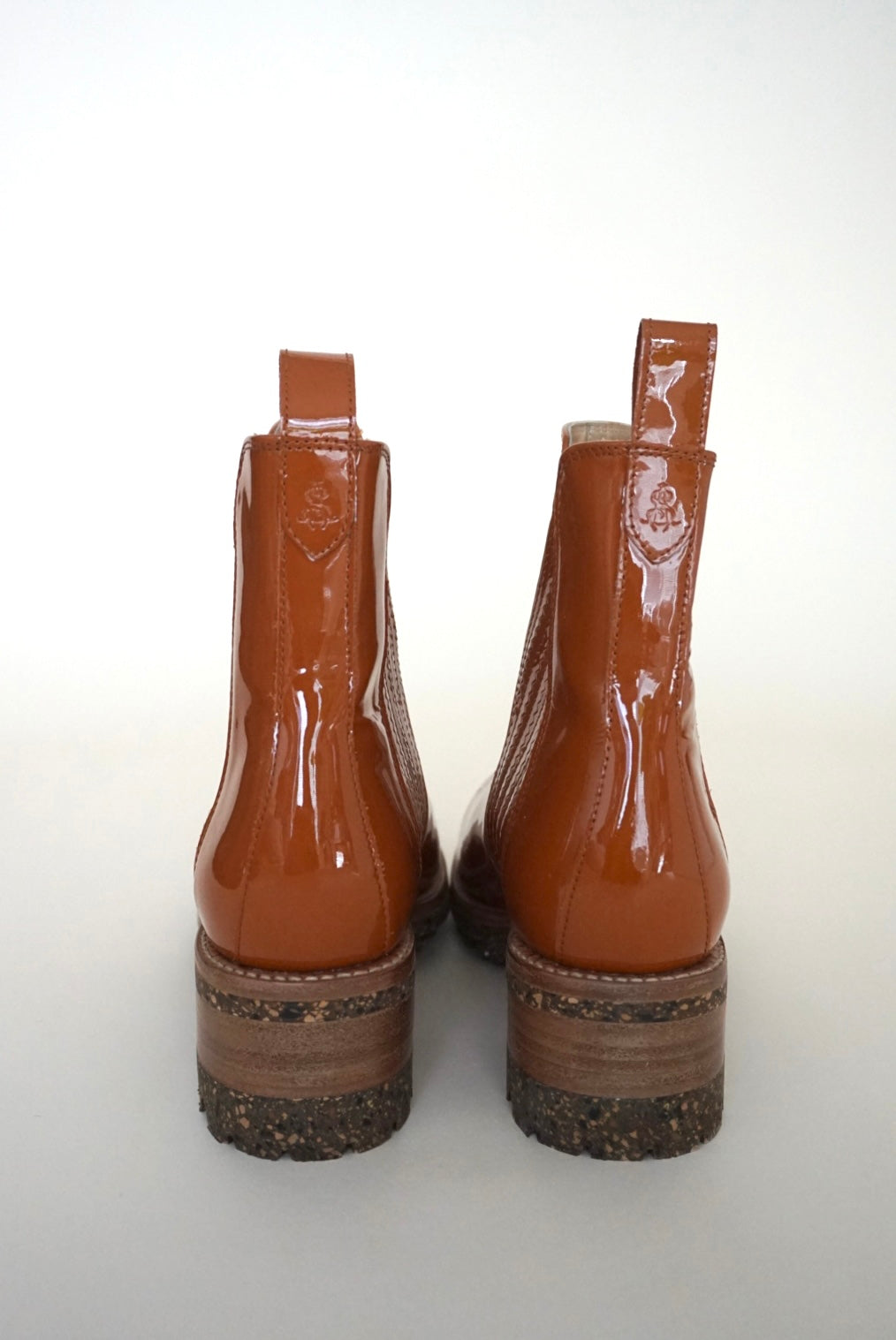 "The Office of Angela Scott" Patent leather Lasercut Accent Chelsea Burnt Orange Boots - Size 39.5