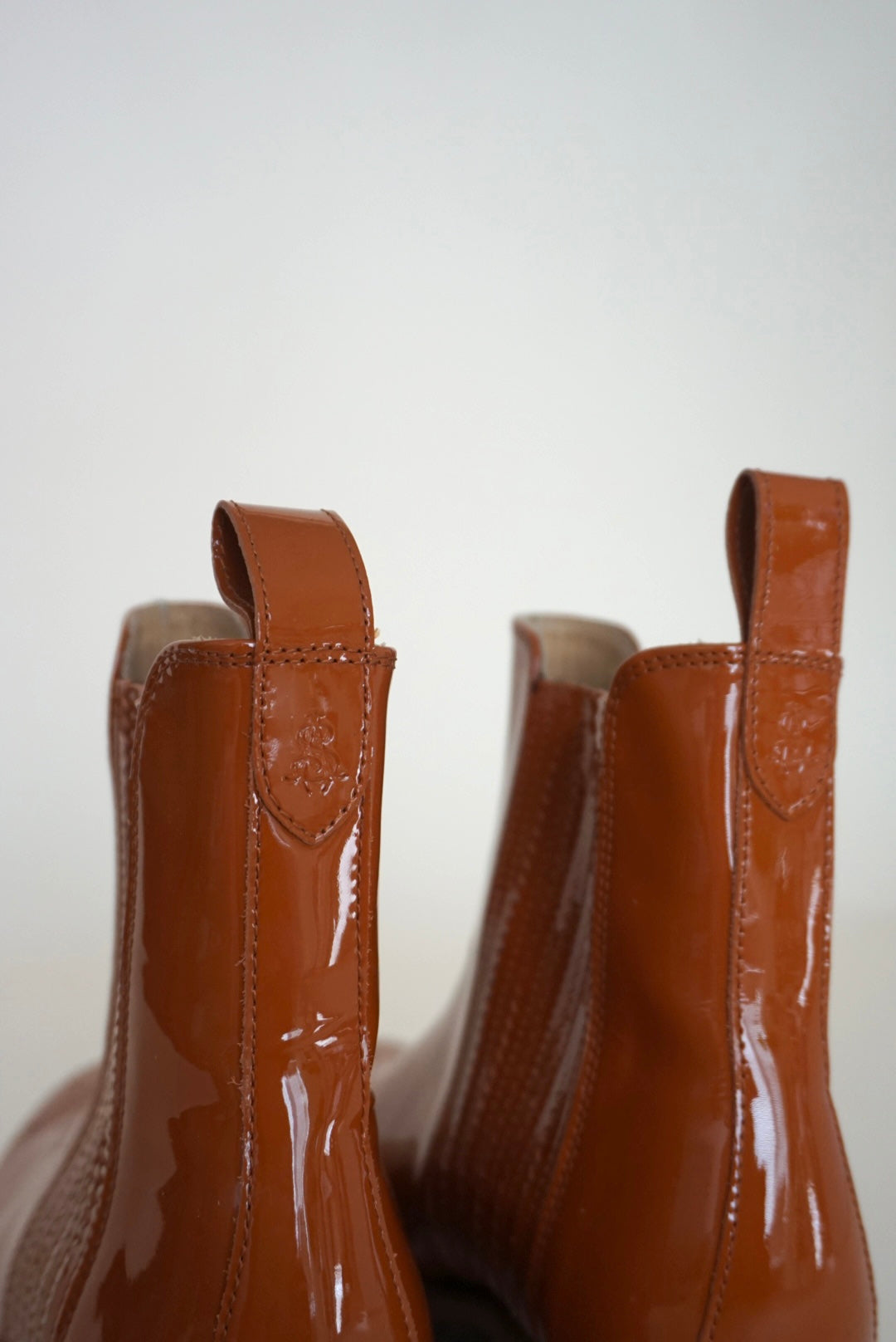 "The Office of Angela Scott" Patent leather Lasercut Accent Chelsea Burnt Orange Boots - Size 39.5