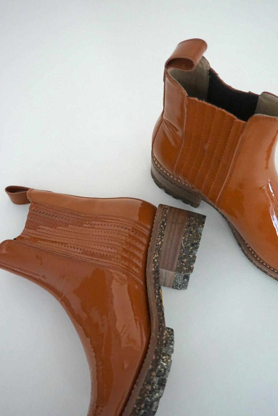 "The Office of Angela Scott" Patent leather Lasercut Accent Chelsea Burnt Orange Boots - Size 39.5