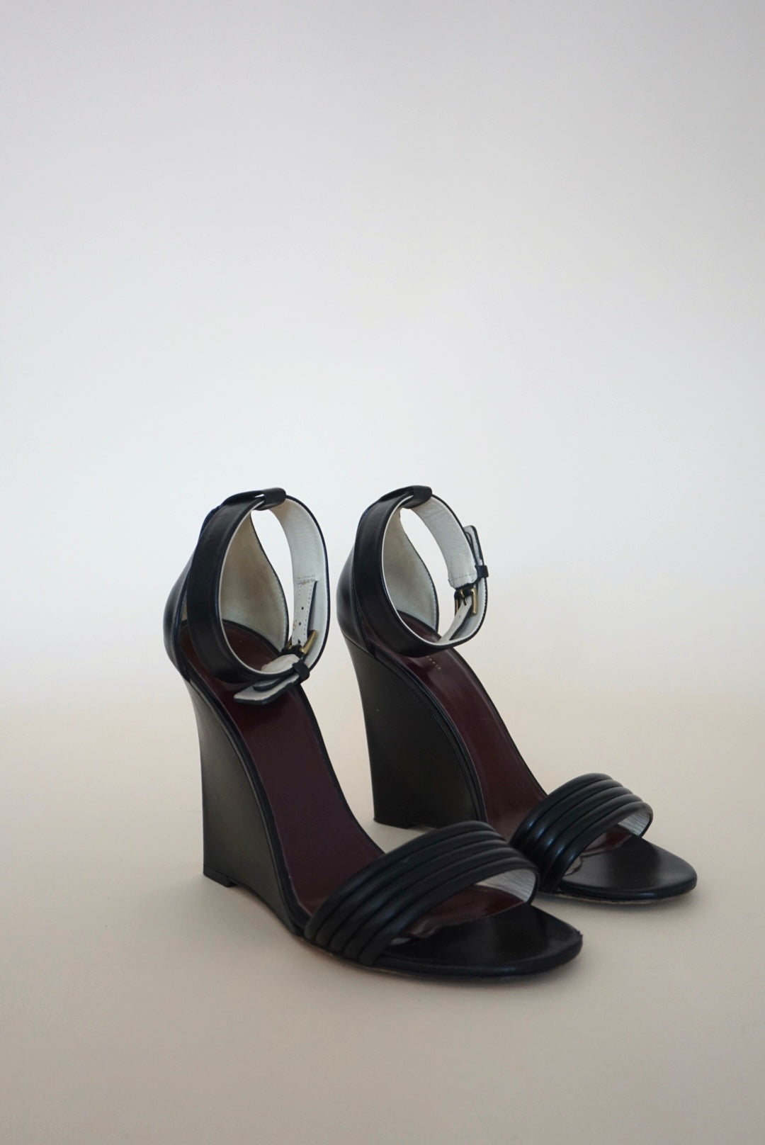 "Celine" (Phoebe Philo) Runway Black Leather Open Toe Wedge Heels - Size 37