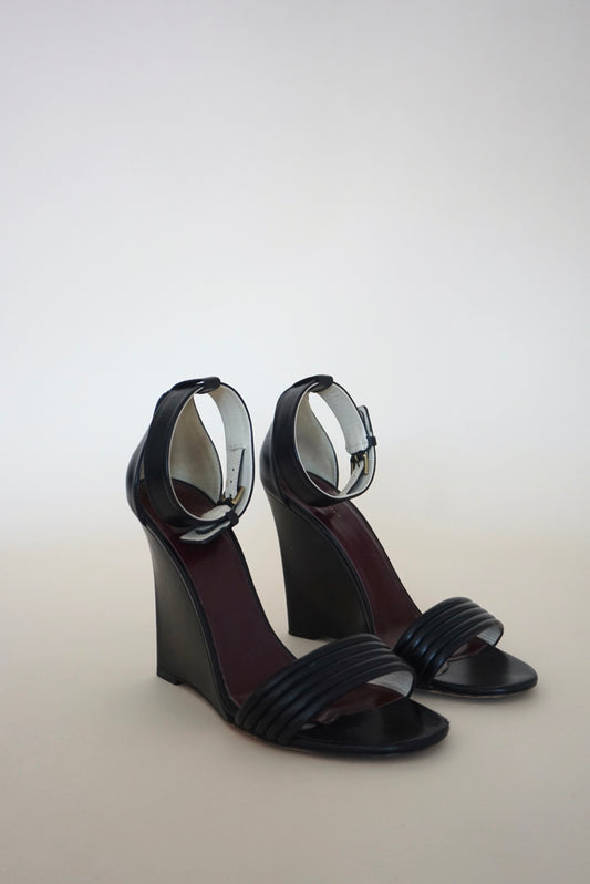"Celine" (Phoebe Philo) Runway Black Leather Open Toe Wedge Heels - Size 37