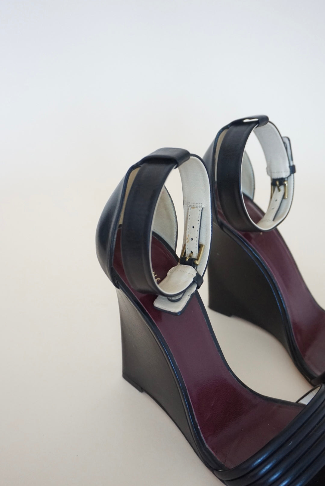 "Celine" (Phoebe Philo) Runway Black Leather Open Toe Wedge Heels - Size 37