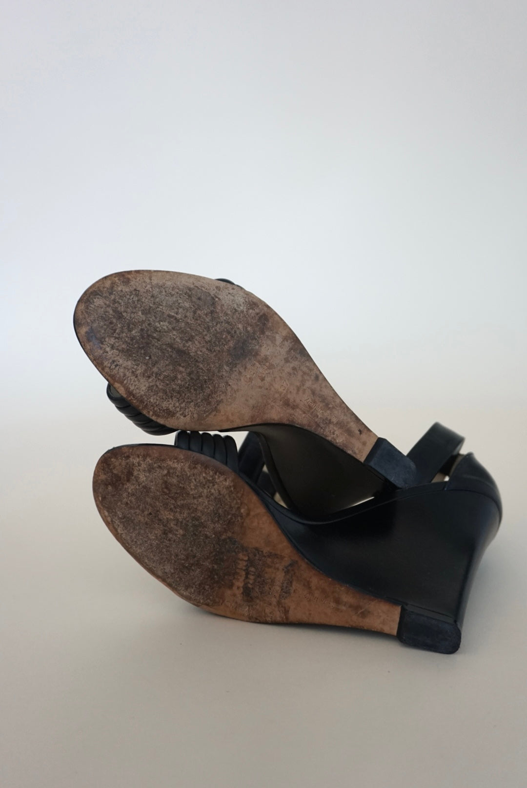 "Celine" (Phoebe Philo) Runway Black Leather Open Toe Wedge Heels - Size 37