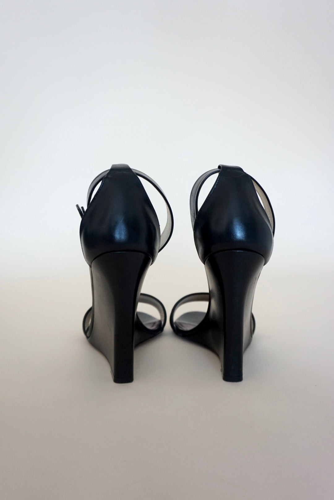"Celine" (Phoebe Philo) Runway Black Leather Open Toe Wedge Heels - Size 37