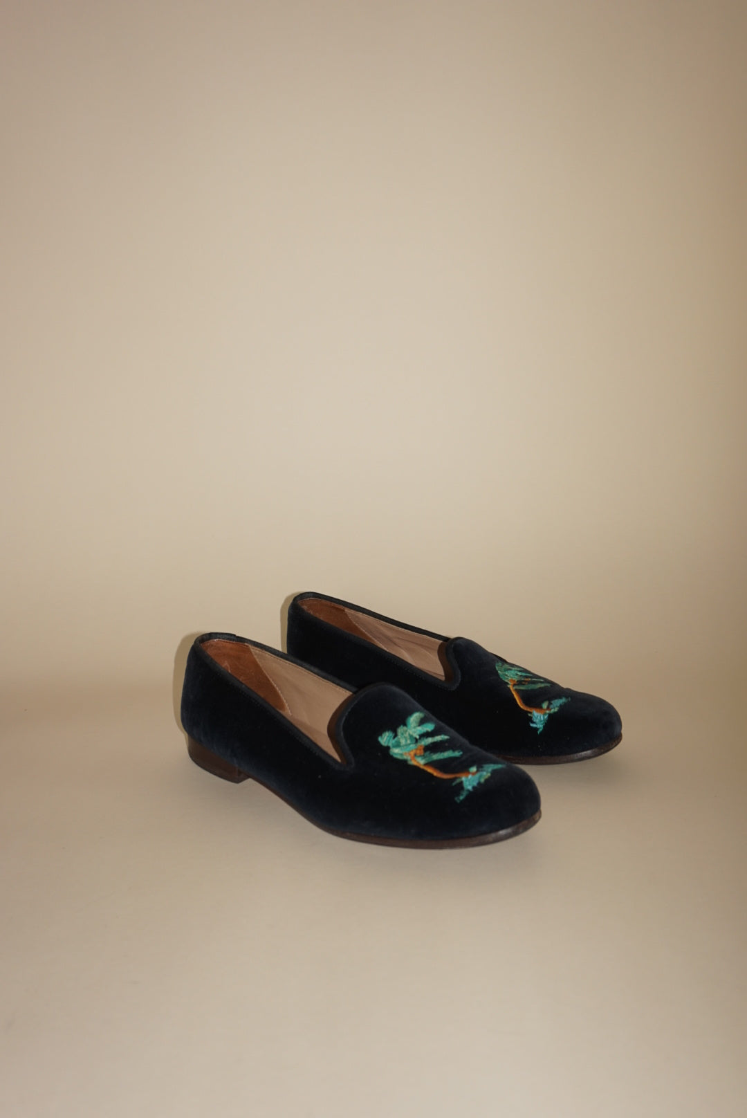 Stubbs & Wooten Navy Velvet "Storm" Palm Tree Embroidery Slipper Loafers - Size 8