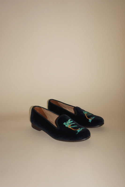 Stubbs & Wooten Navy Velvet "Storm" Palm Tree Embroidery Slipper Loafers - Size 8