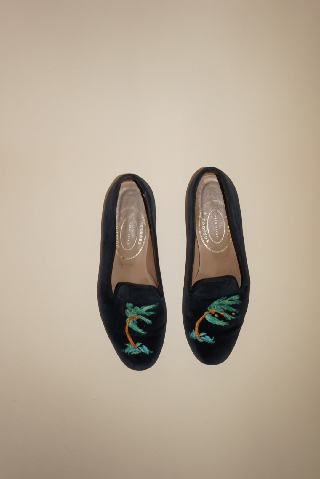 Stubbs & Wooten Navy Velvet "Storm" Palm Tree Embroidery Slipper Loafers - Size 8