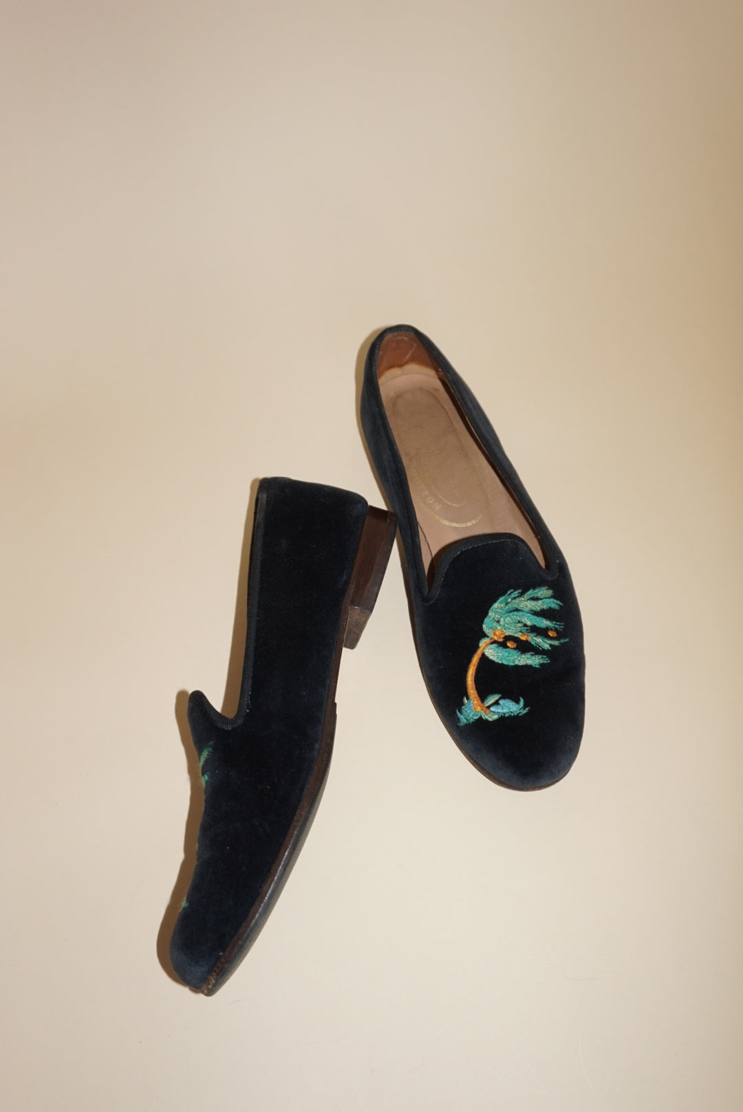 Stubbs & Wooten Navy Velvet "Storm" Palm Tree Embroidery Slipper Loafers - Size 8