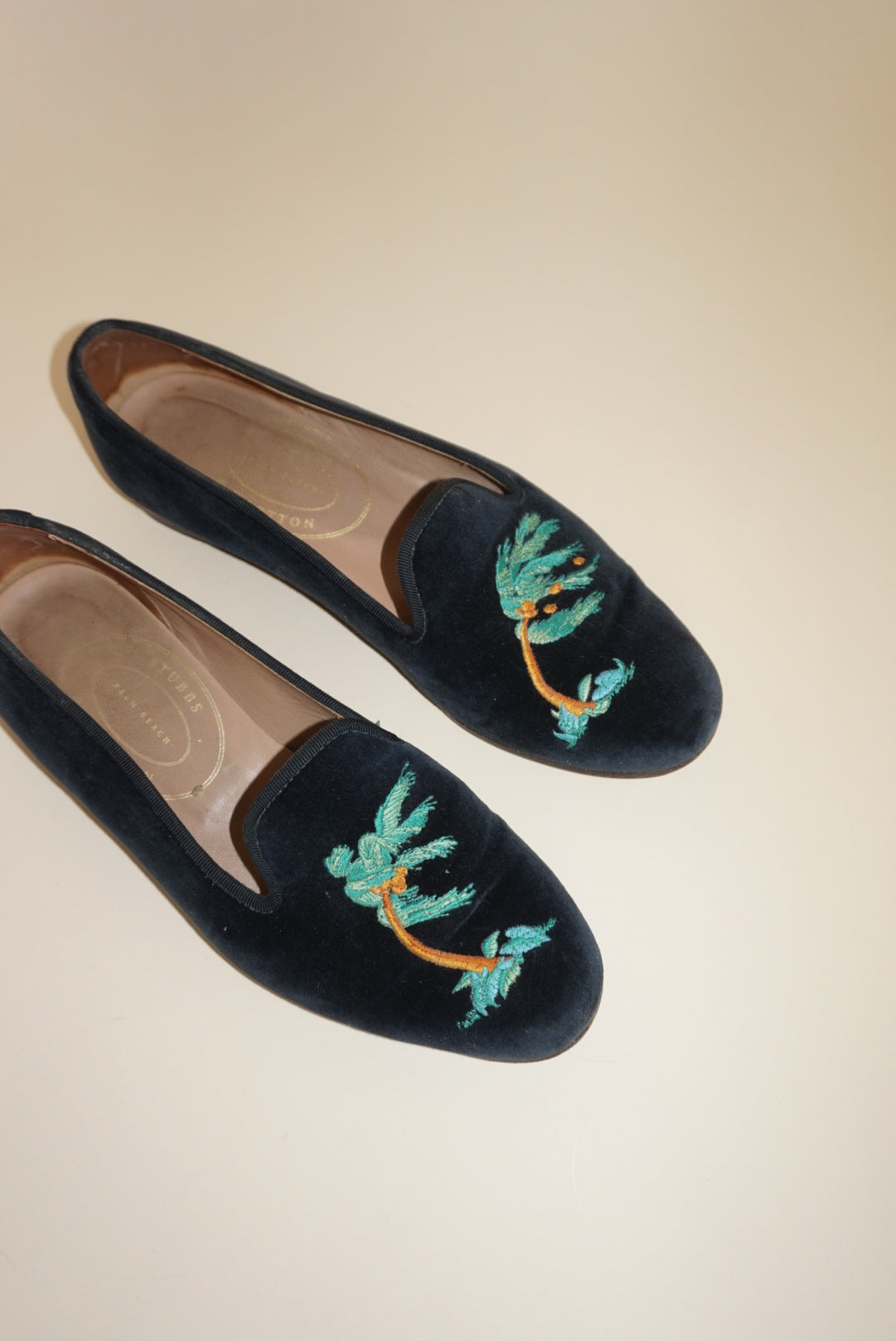 Stubbs & Wooten Navy Velvet "Storm" Palm Tree Embroidery Slipper Loafers - Size 8
