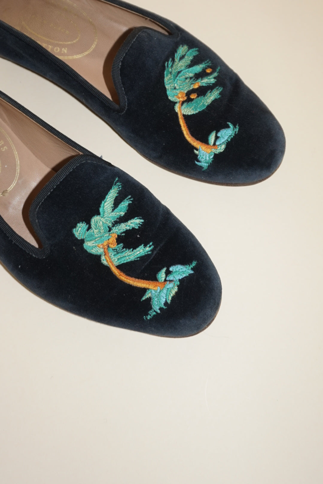 Stubbs & Wooten Navy Velvet "Storm" Palm Tree Embroidery Slipper Loafers - Size 8