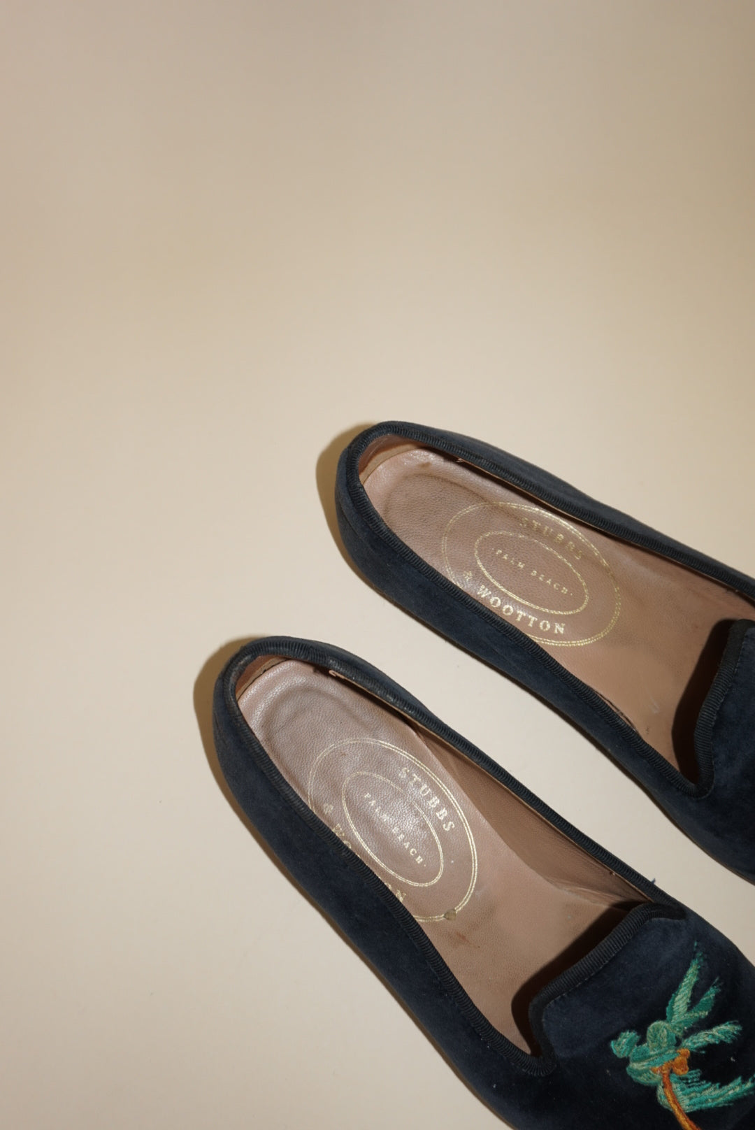 Stubbs & Wooten Navy Velvet "Storm" Palm Tree Embroidery Slipper Loafers - Size 8