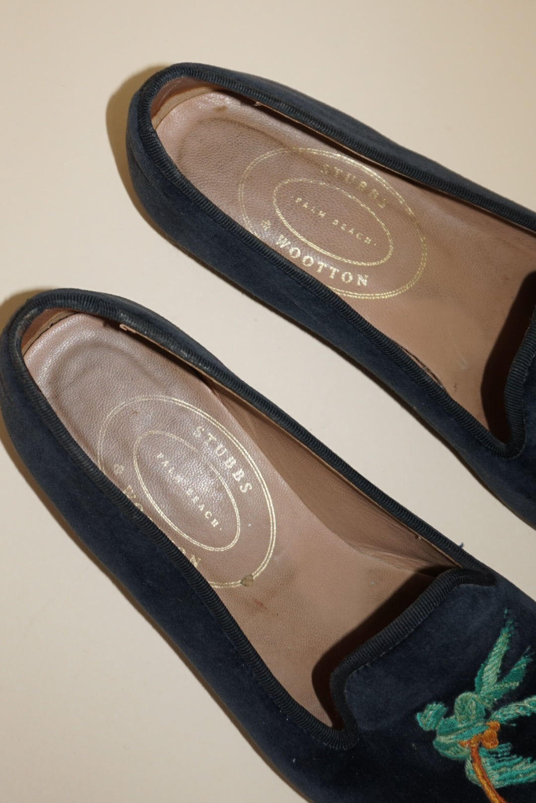 Stubbs & Wooten Navy Velvet "Storm" Palm Tree Embroidery Slipper Loafers - Size 8