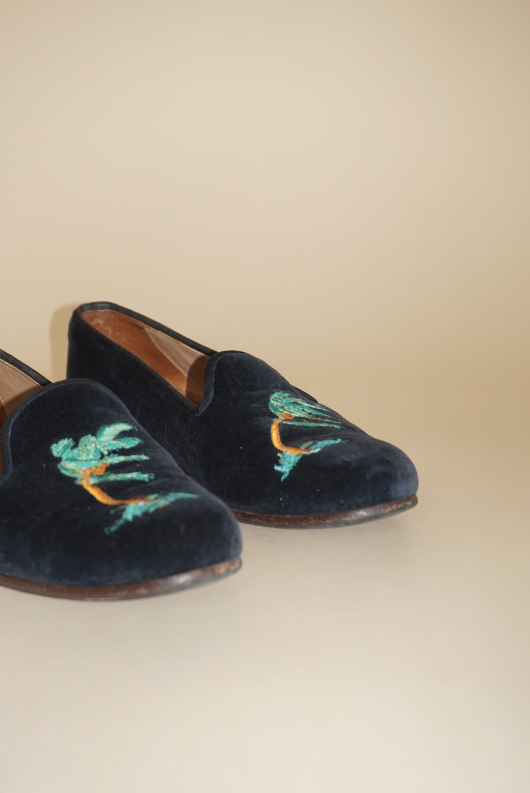 Stubbs & Wooten Navy Velvet "Storm" Palm Tree Embroidery Slipper Loafers - Size 8