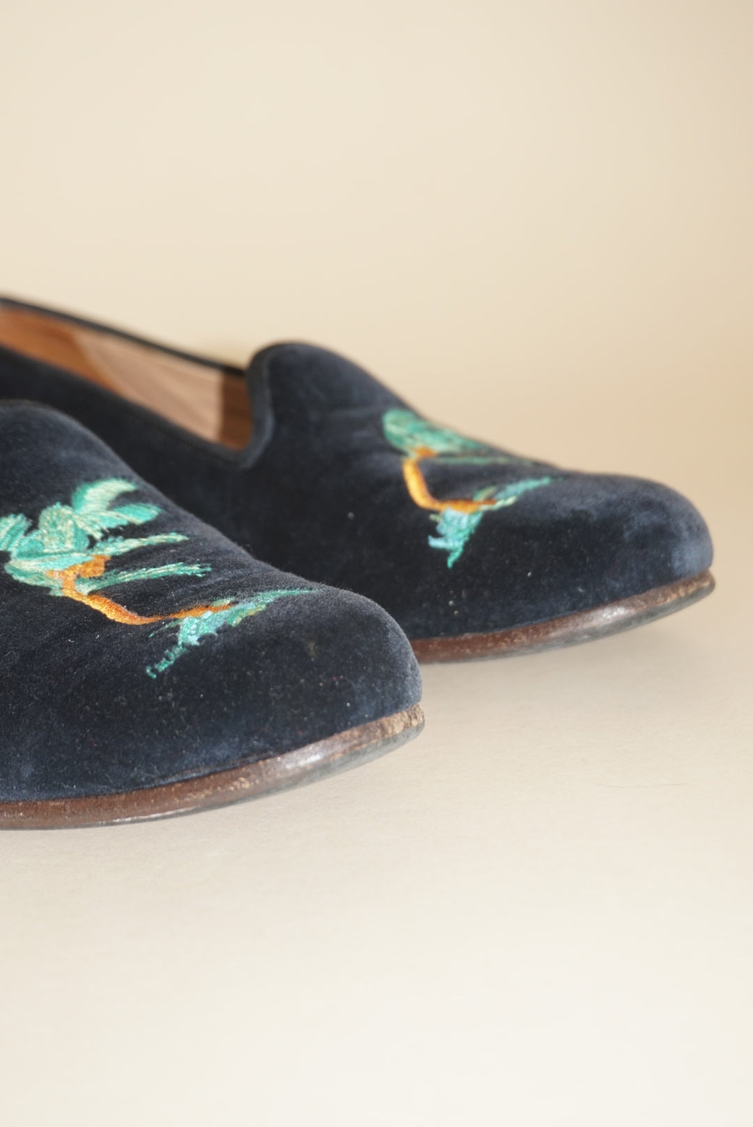 Stubbs & Wooten Navy Velvet "Storm" Palm Tree Embroidery Slipper Loafers - Size 8