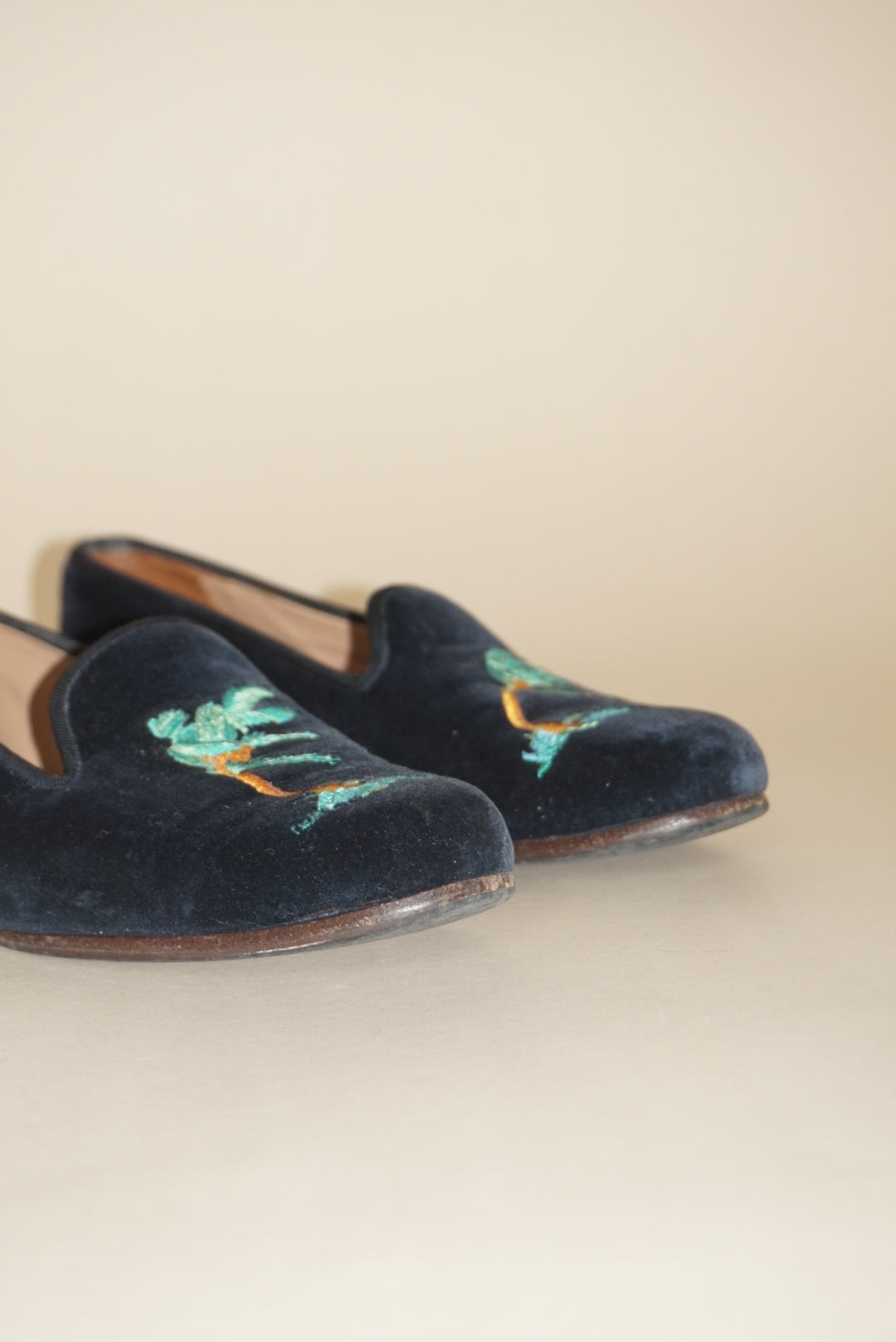 Stubbs & Wooten Navy Velvet "Storm" Palm Tree Embroidery Slipper Loafers - Size 8