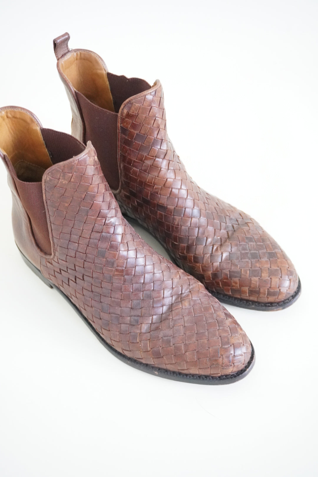 Cole Haan Vintage Leather Intrecciato Basket Weave Brown Ankle Boots - Size 9