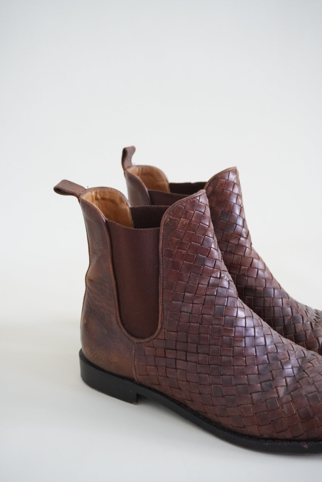 Cole Haan Vintage Leather Intrecciato Basket Weave Brown Ankle Boots - Size 9