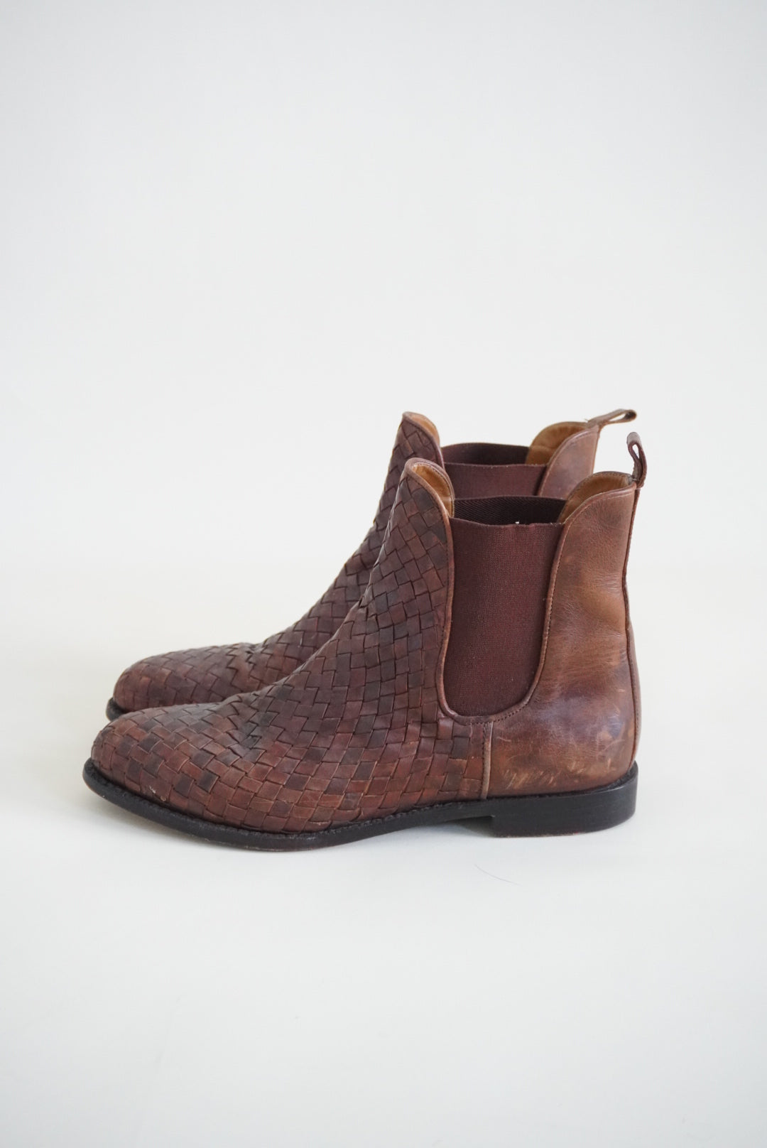 Cole Haan Vintage Leather Intrecciato Basket Weave Brown Ankle Boots - Size 9