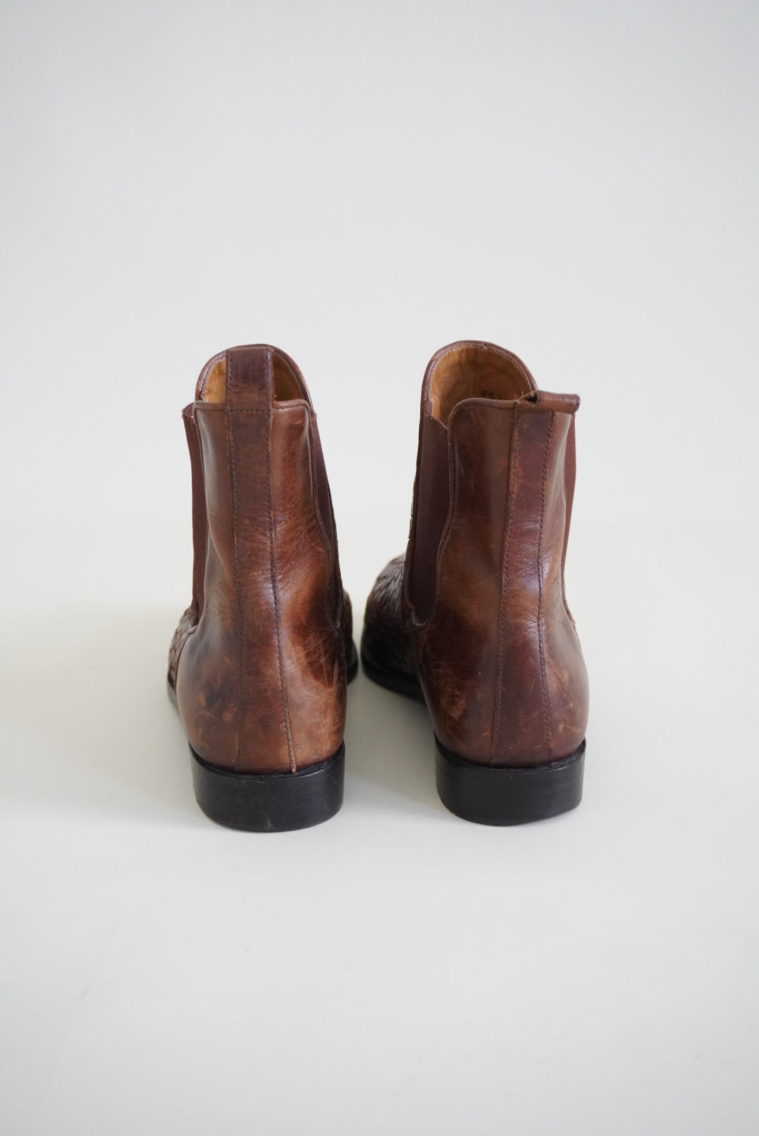 Cole Haan Vintage Leather Intrecciato Basket Weave Brown Ankle Boots - Size 9