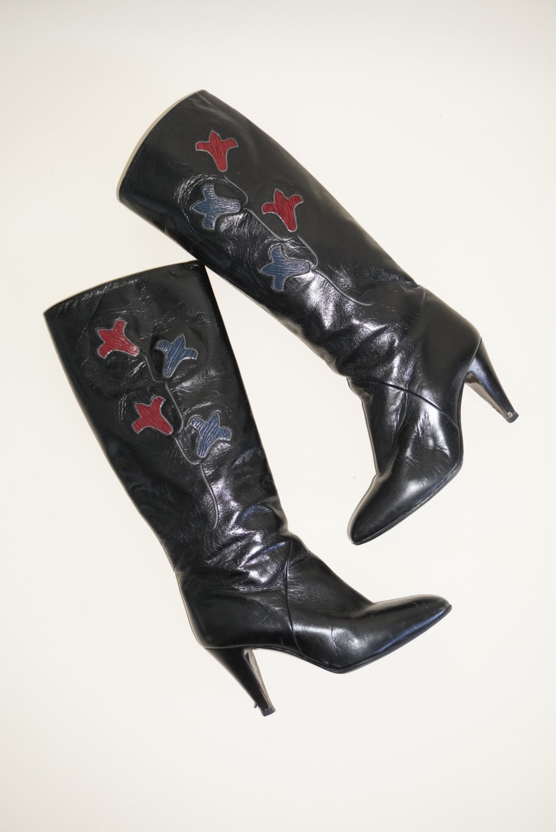 Bruno Magli VTG 70's Rare Italian Leather Floral Motif Black Knee High Boots - Size 39