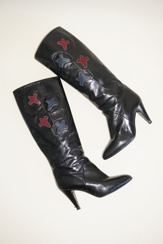 Bruno Magli VTG 70's Rare Italian Leather Floral Motif Black Knee High Boots - Size 39