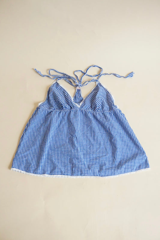 Victoria's Secret Blue Halter Gingham Lace Trim Blouse - Size Large