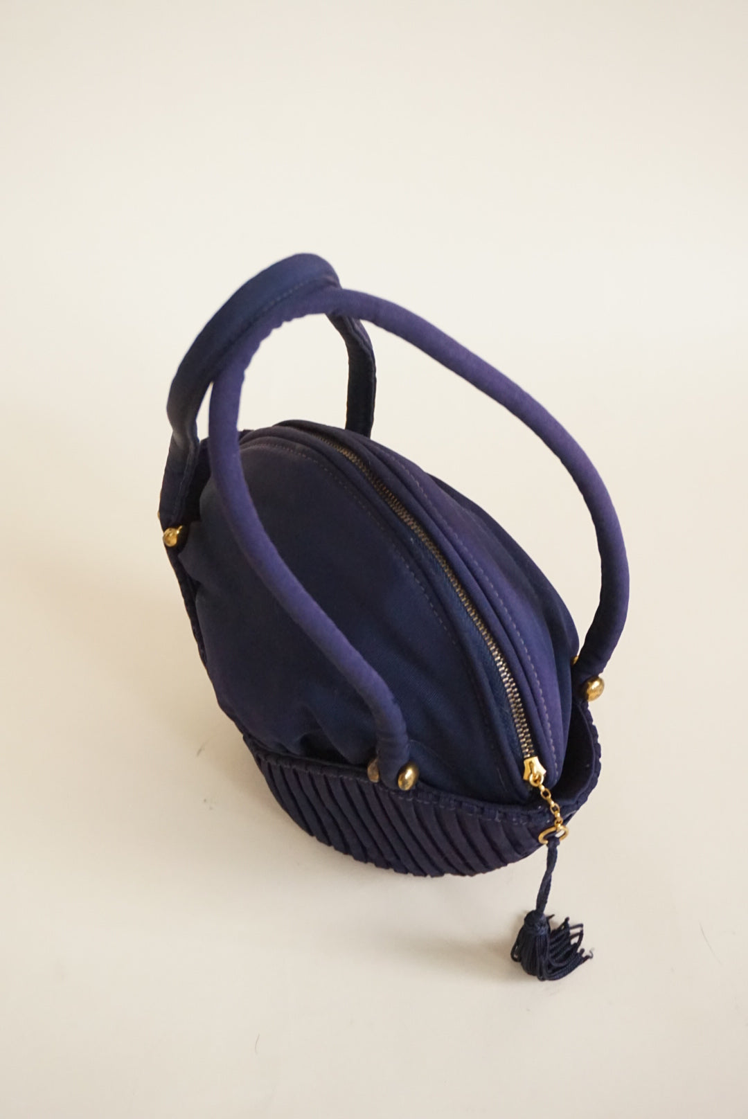 Vintage Boat Navy Blue Pleated Basket Boat Tassle Handbag