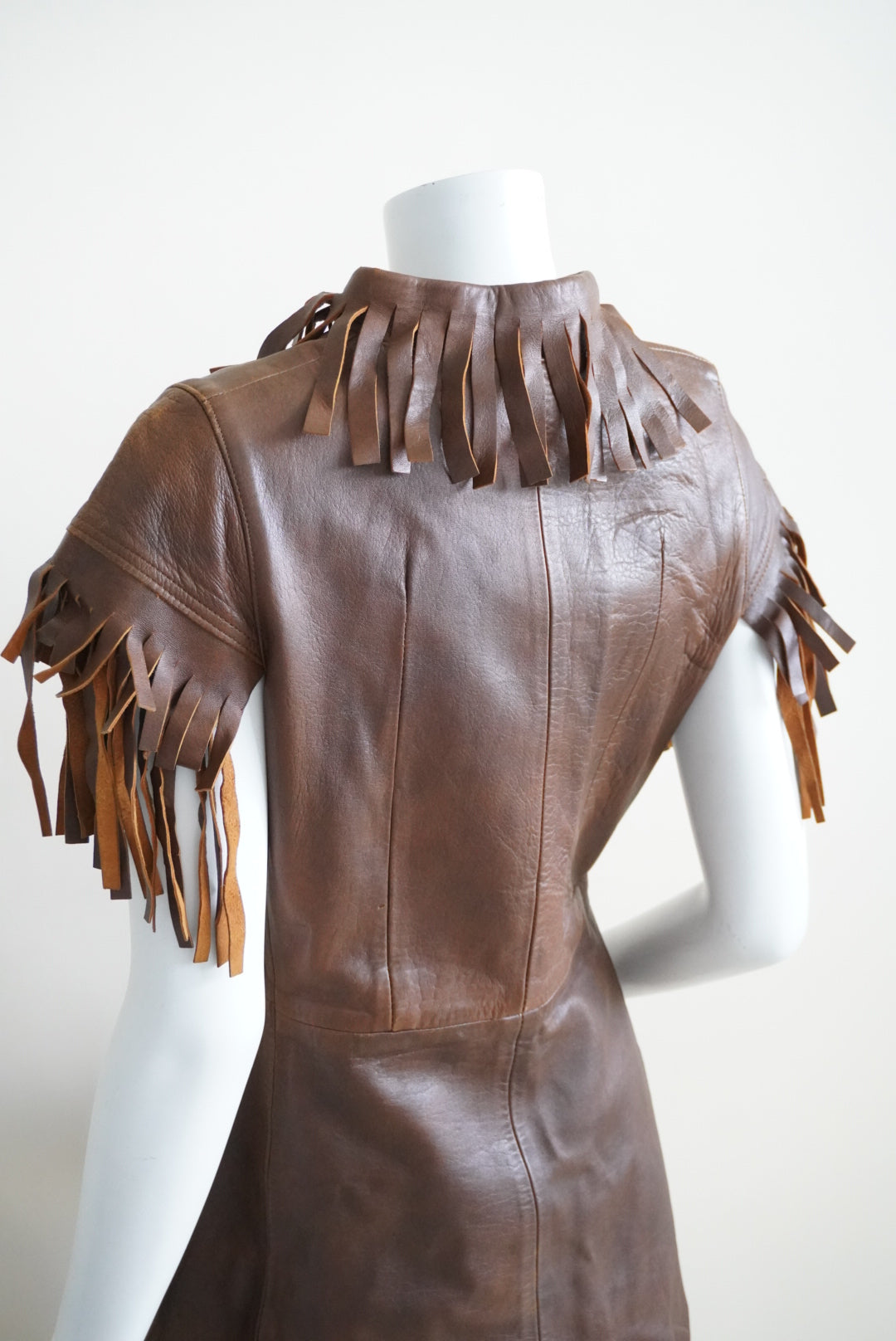 Vintage 60s/70s Bohemian-Mod Style Fringe Handmade Brown Leather Dress - Flaw