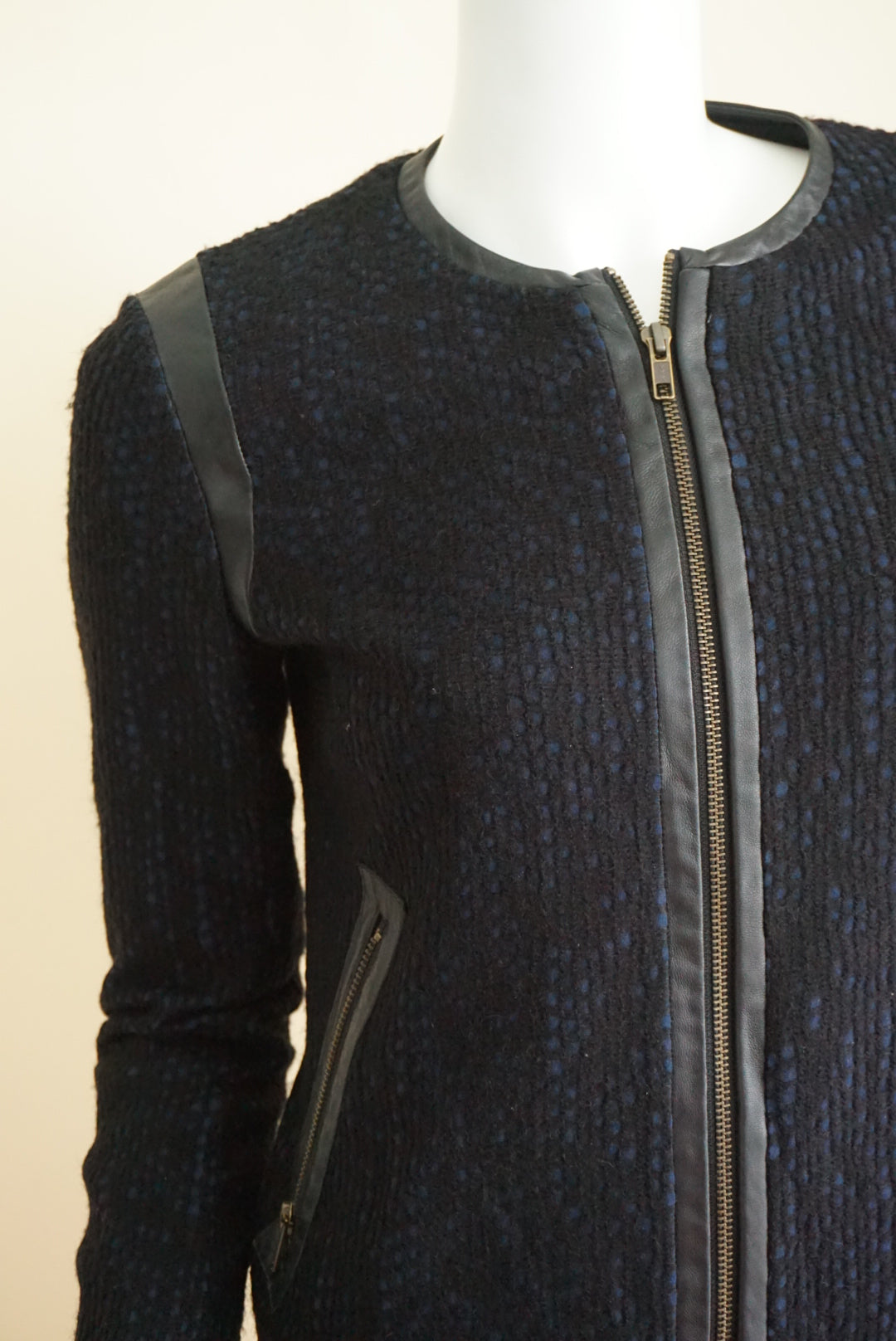 10 Crosby Derek Lam Navy/Black Wool Tweed Lambskin Leather Trim Moto Jacket - Size 2