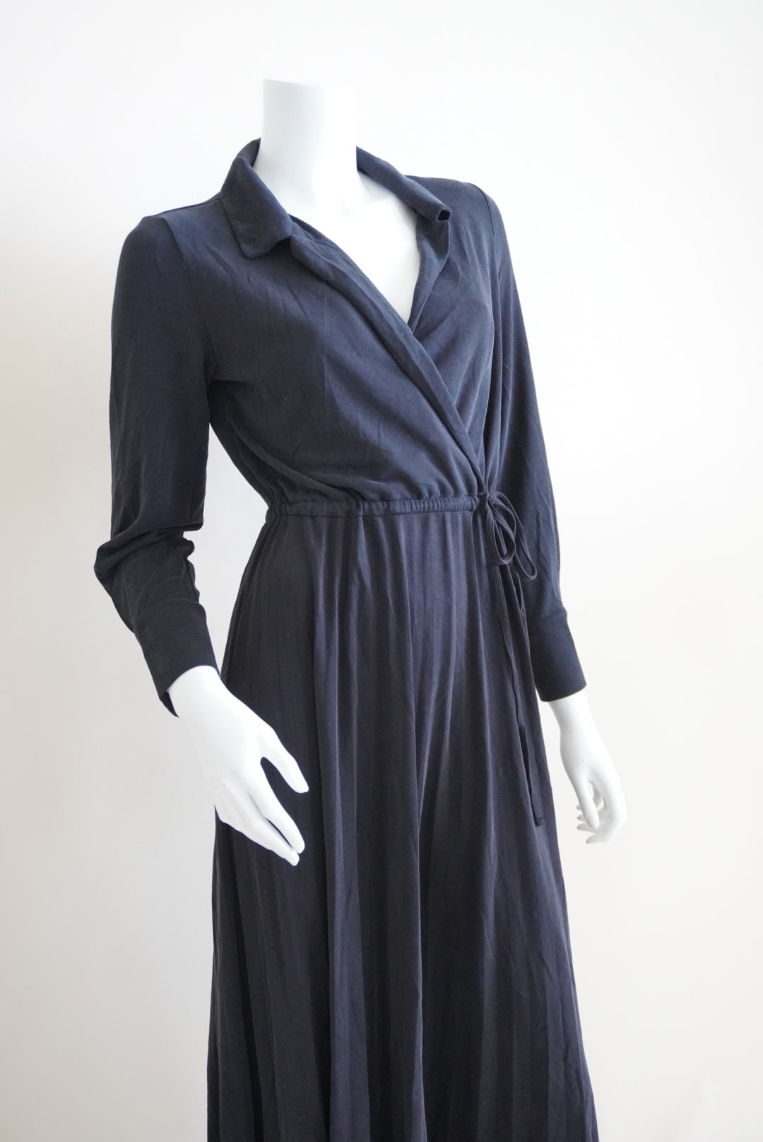 Massimo Dutti Black Wrap Lapel Accordion Tie Waist Dress - Size XS