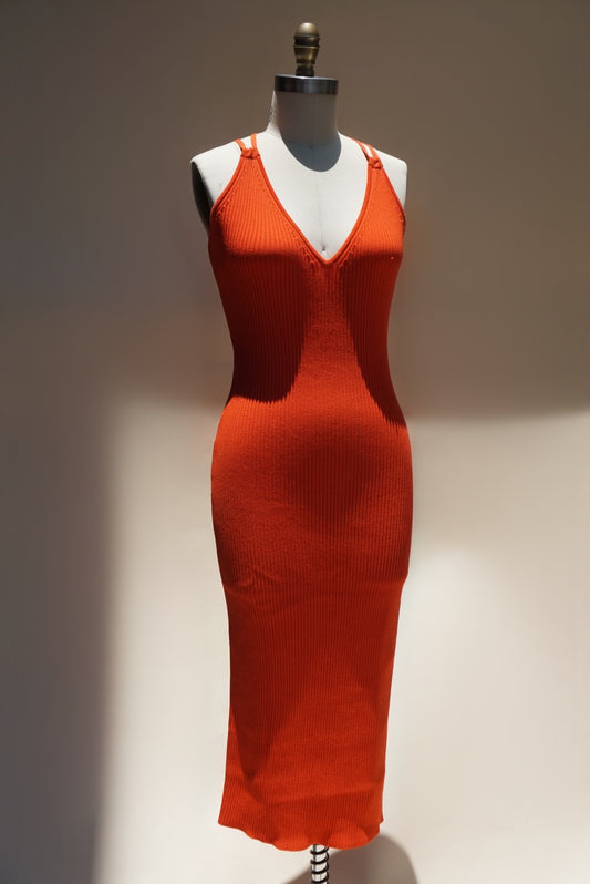"Michael Kors" Orange Ribbed Cross Back Strap Dress - Size Small