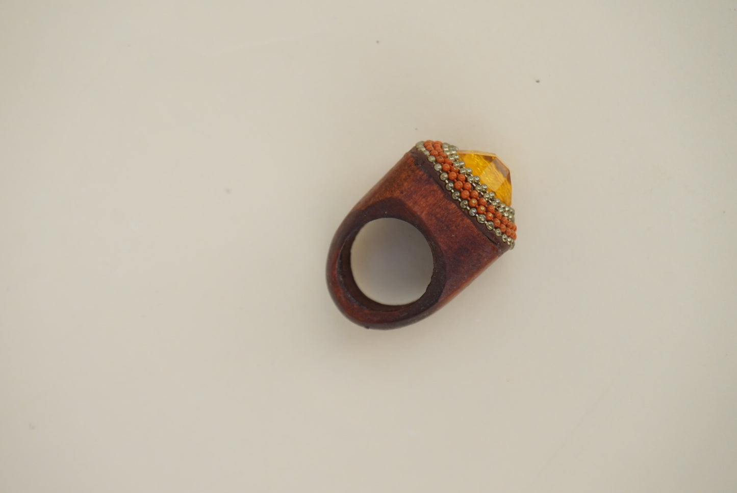 Wooden Beaded Faux Tourmaline Stone Ring - Size 7