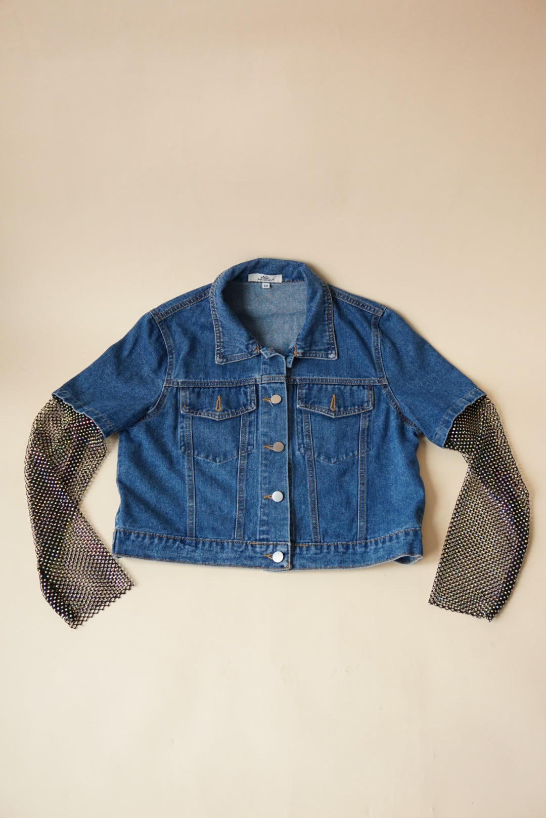 Mochy Denim Rhinestone Sleeve Cropped Jacket - Size S/M