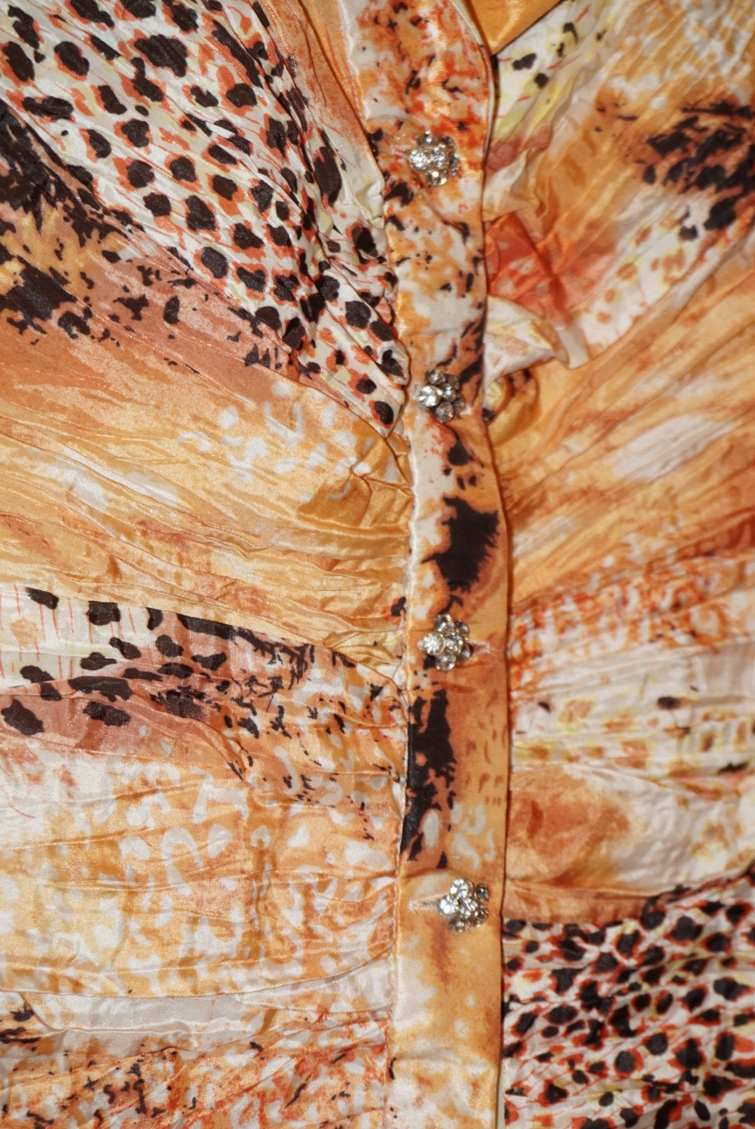 Victor Costa Vintage Crinkle Rhinestone Button Animal Print Blouse - Size 4