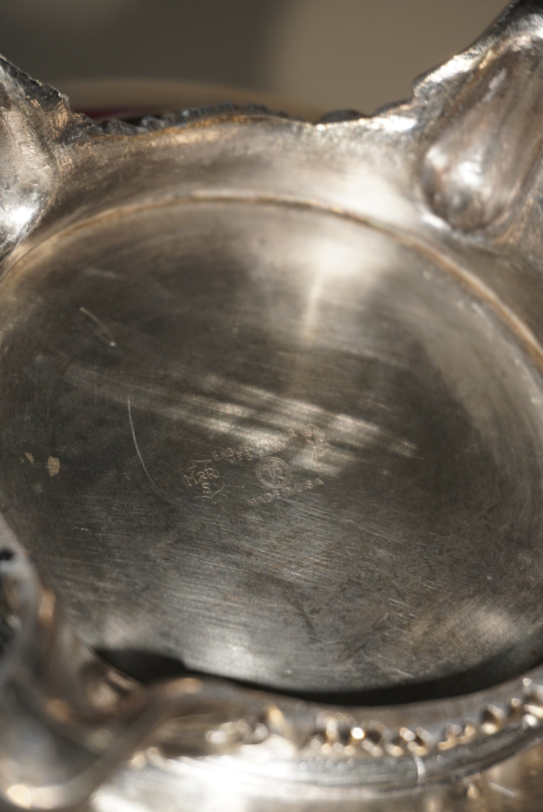 VTG English MFG Corp Silver Ornate 4 Foot Bowl (Unpolished)
