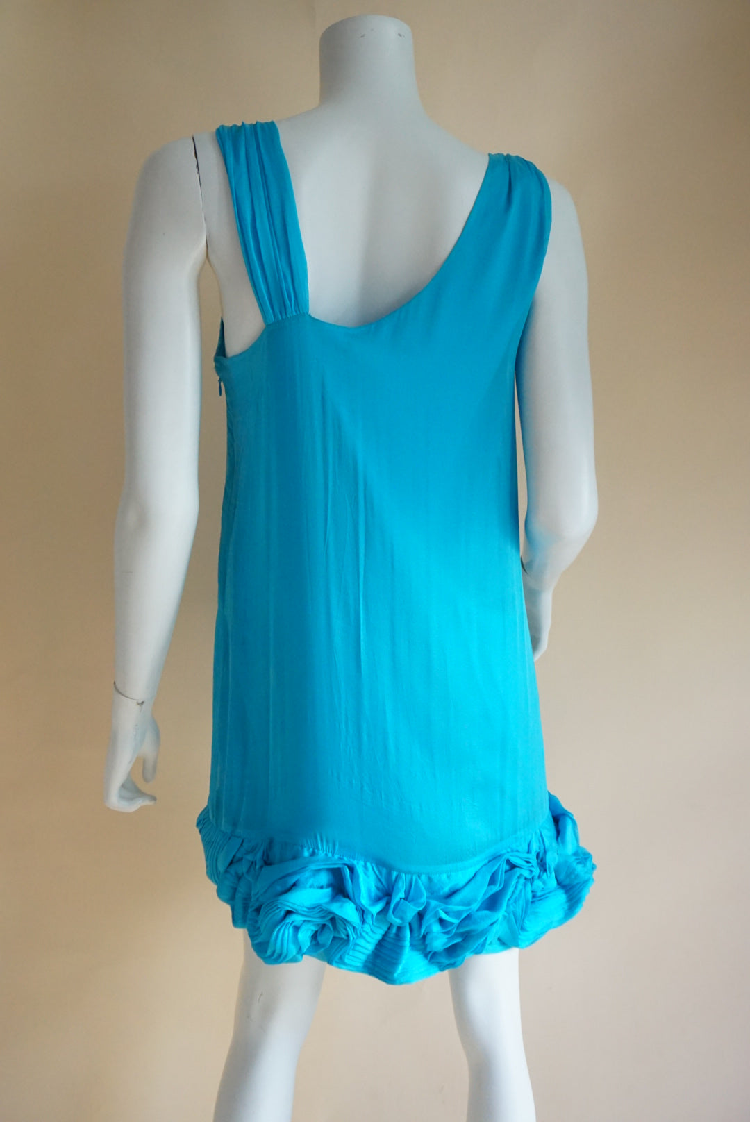 Alice + Olivia Turquoise 3D Floral Hem Asymmetrical Neckline Silk Mini Shift Dress
