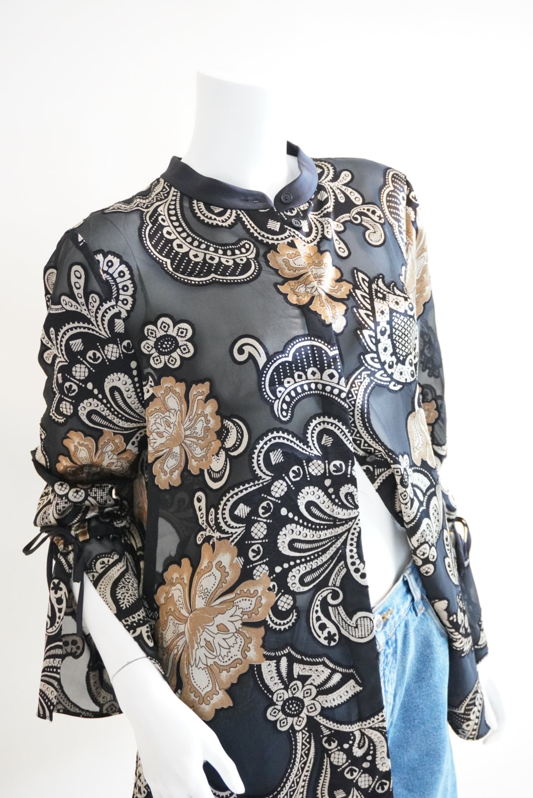Lafayette 148 Sheer Floral Burnout Velvet Mandarin Collar Blouse - Size Large