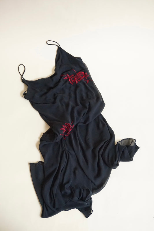 Alyn Paige 90s Vintage Black Cowl Neck Slip Embroidered Roses Maxi Dress - Size 10