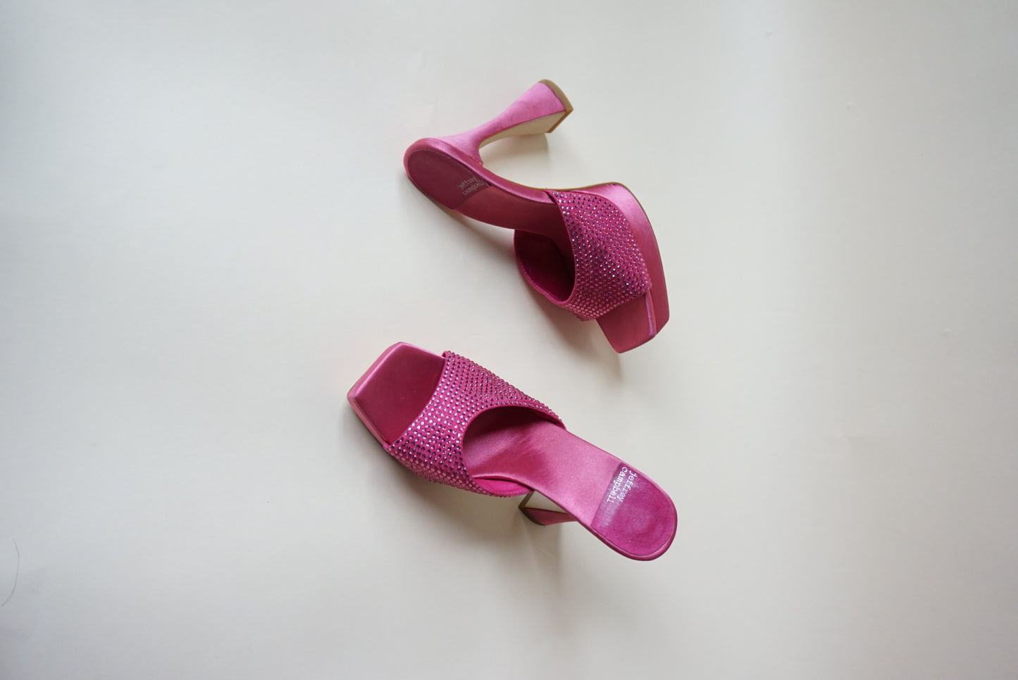 "Jeffrey Campbell" Rhinestone Pink Satin Heeled Mules - Size 7.5