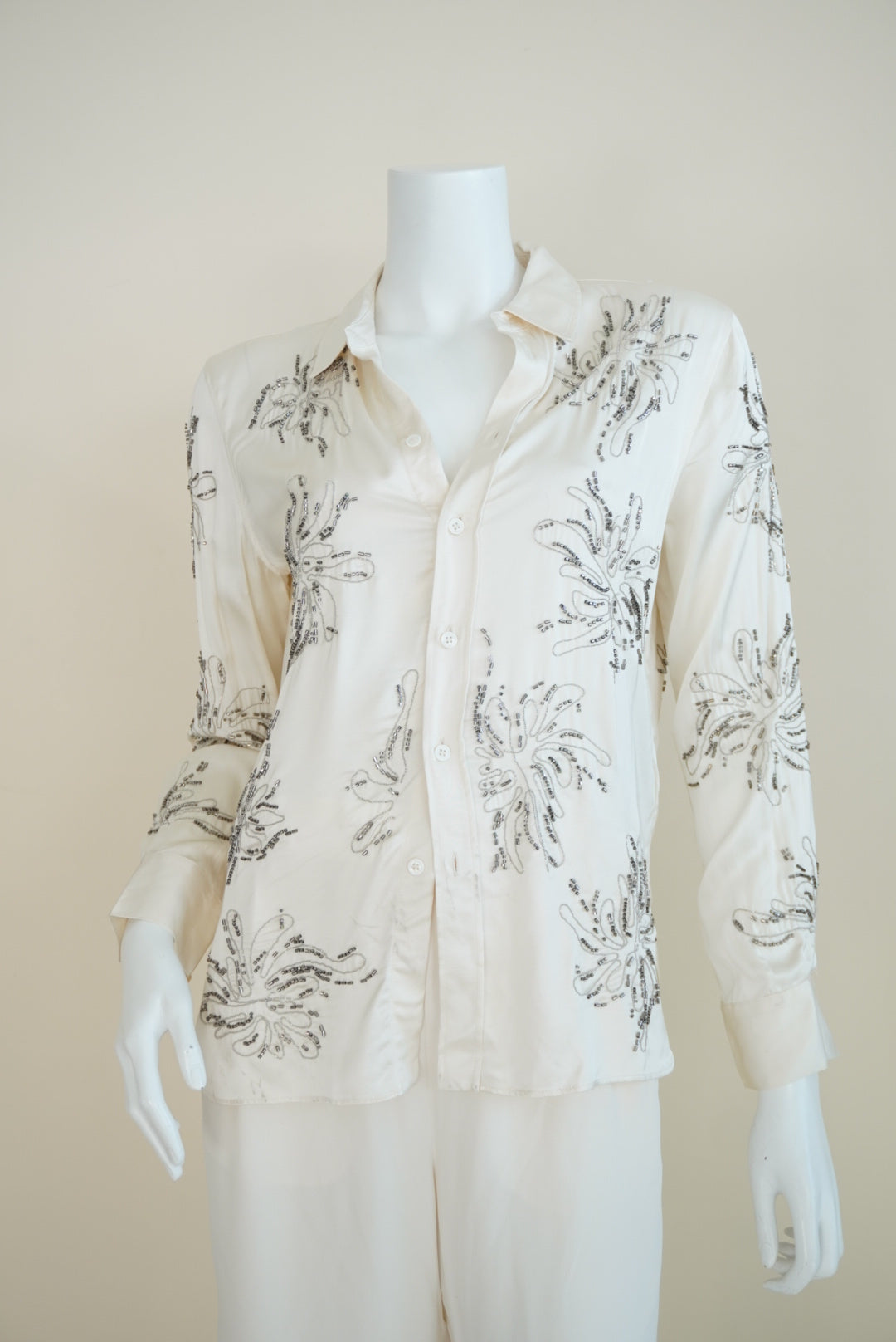 Zara Ivory Beaded Button Down Blouse - Size Small