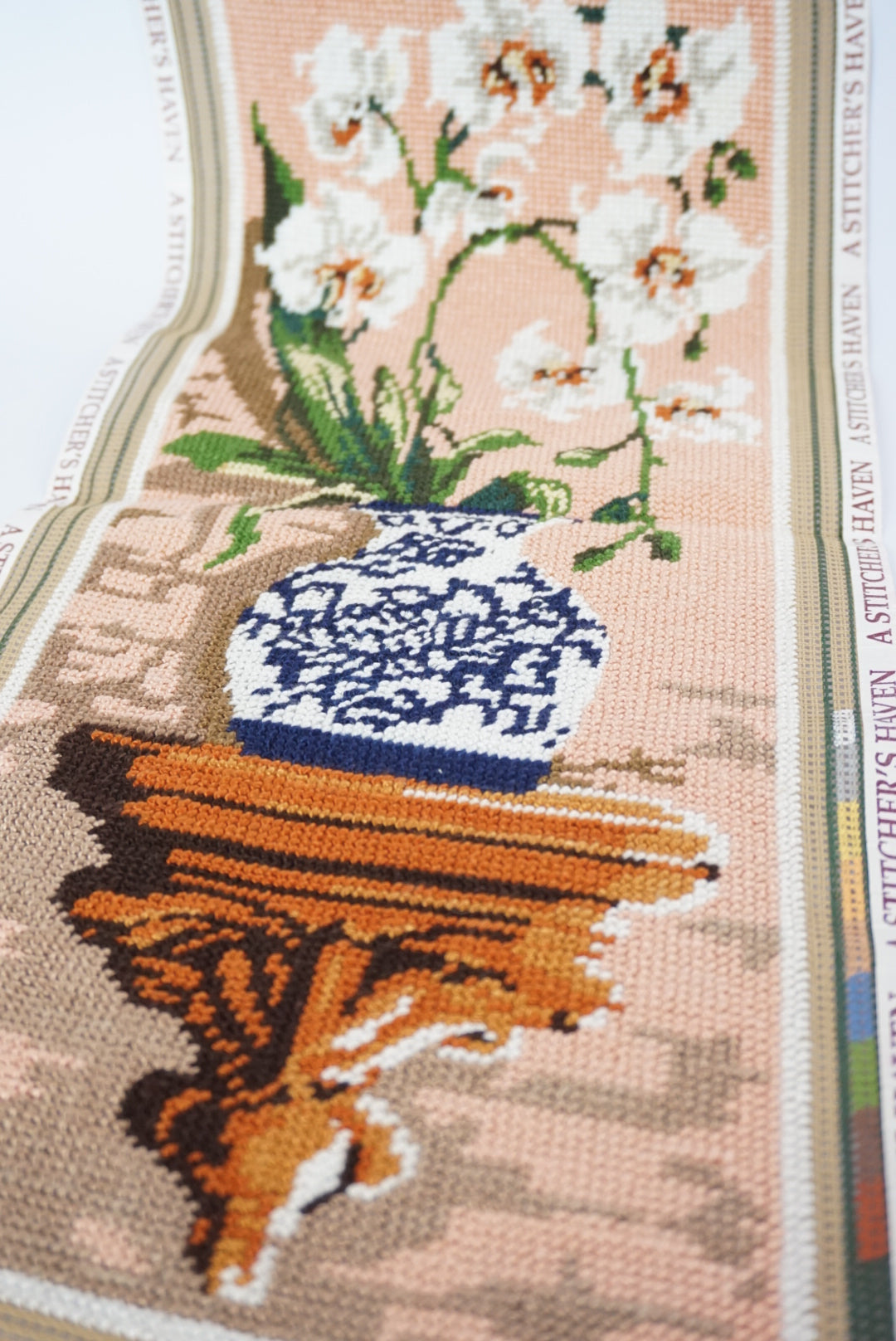 VTG Unframed Needlepoint Orchids SEG de Paris 19.5" x 7.25"