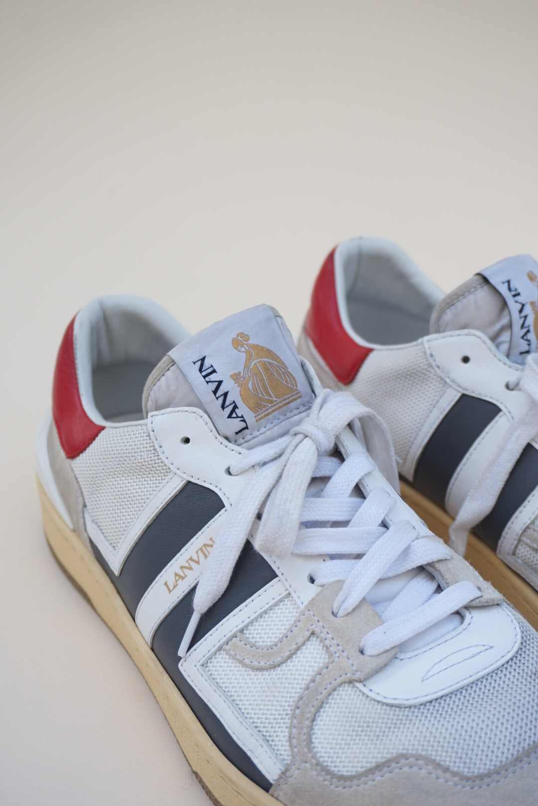 “Lanvin” White/Red/Navy Mesh Clay Sneakers - Size 45