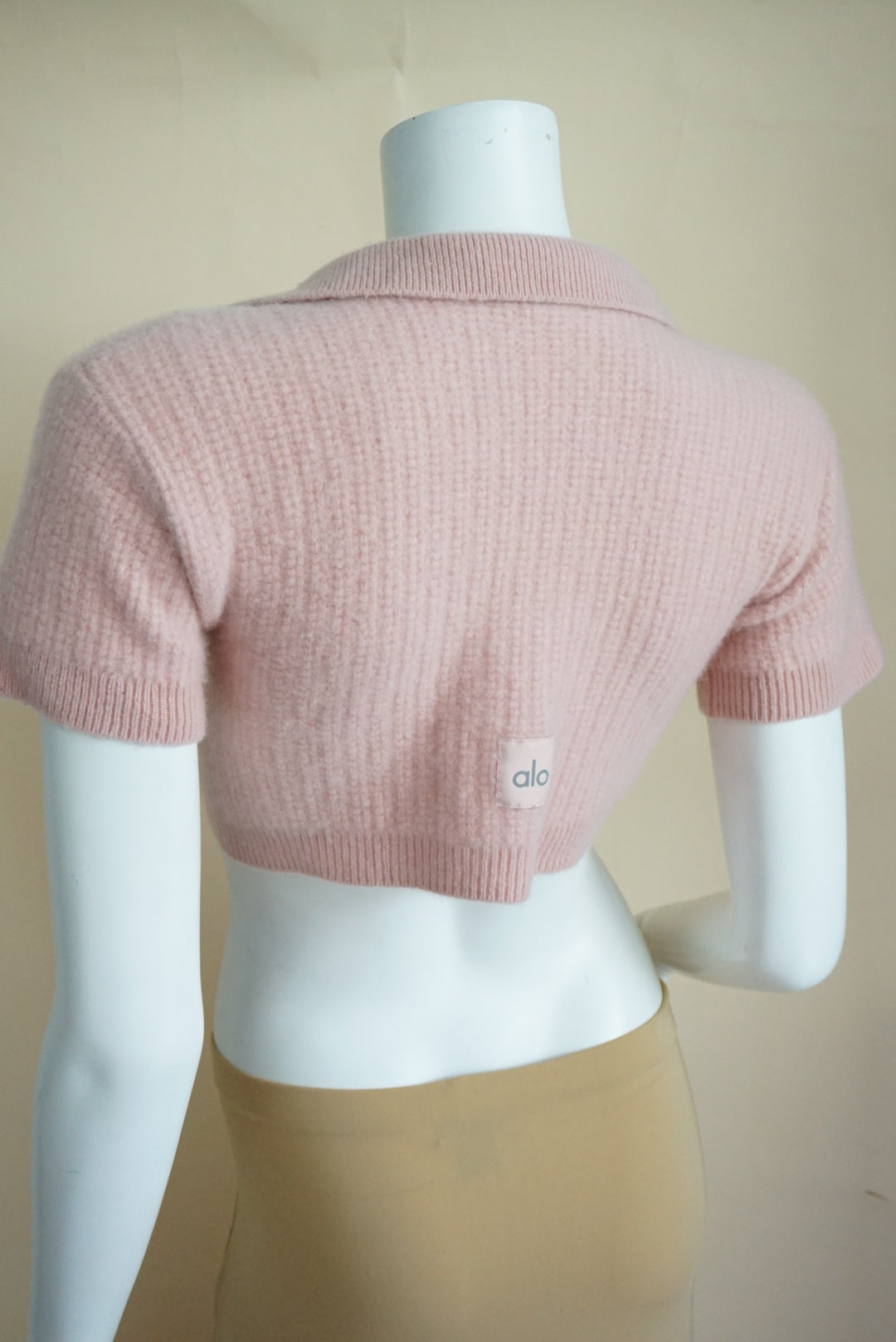 Alo Cashmere Plush Waffle Pink Cable Knit Cropped Polo Tee - XS/S